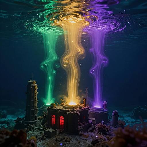 Underwater City with Colorful Light Pillars