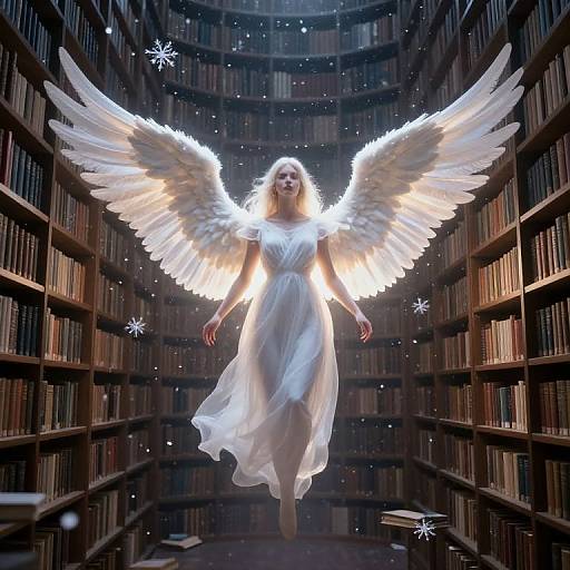 Photograph of a glowing white angel with large, radiant wings and a flowing white dress, floating in a dimly lit library aisle filled with booksh