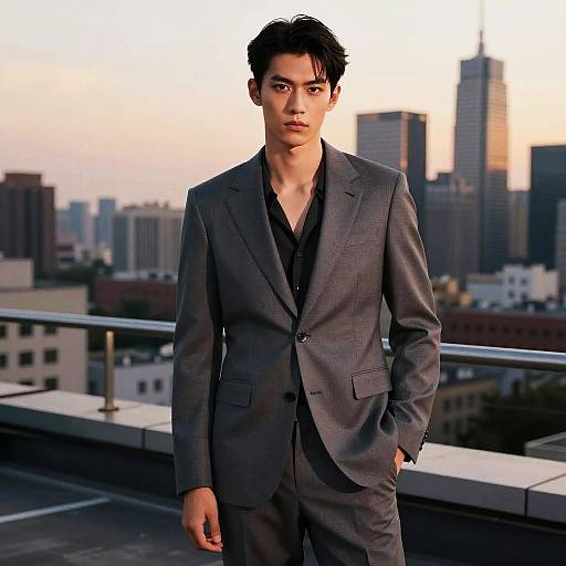 Photograph of an Asian man with short black hair, wearing a gray suit over a black shirt, standing on a rooftop with a city skyline at sunset