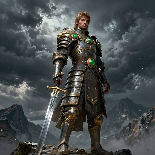 Photorealistic digital artwork of a muscular, blond, armored knight with green gems, standing on rocky terrain, holding a sword, under a dramatic cloudy