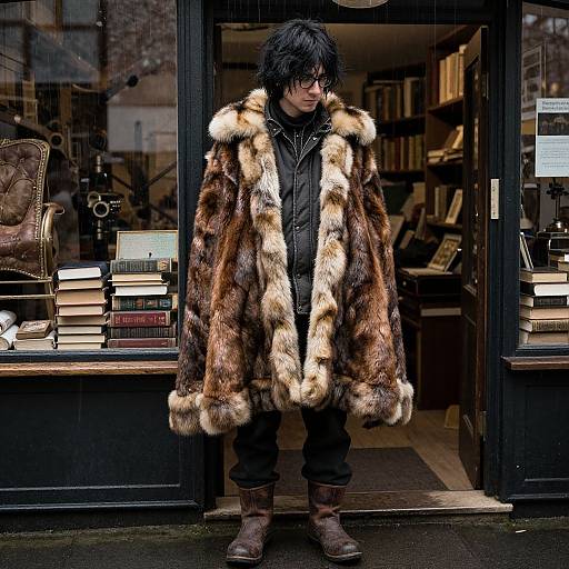 Photograph of a man with black hair, wearing a luxurious brown and white fur coat, black jacket, and brown boots, standing in the doorway of