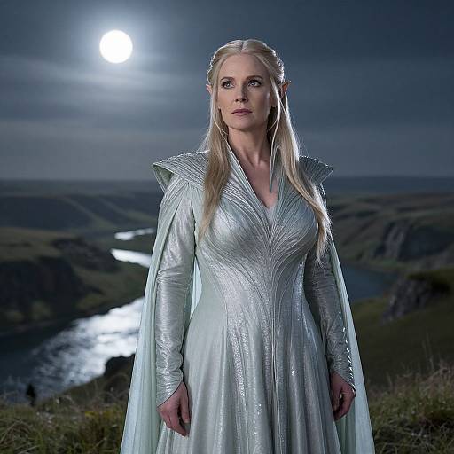 Photograph of a blonde woman with long hair, wearing a shimmering silver medieval gown and cape, standing under a moonlit night sky, with a