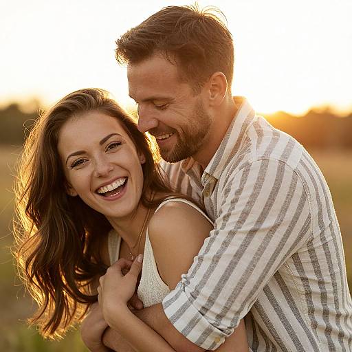 Photograph of a smiling couple hugging at sunset; man in striped shirt, woman in white tank top, golden sunlight behind.