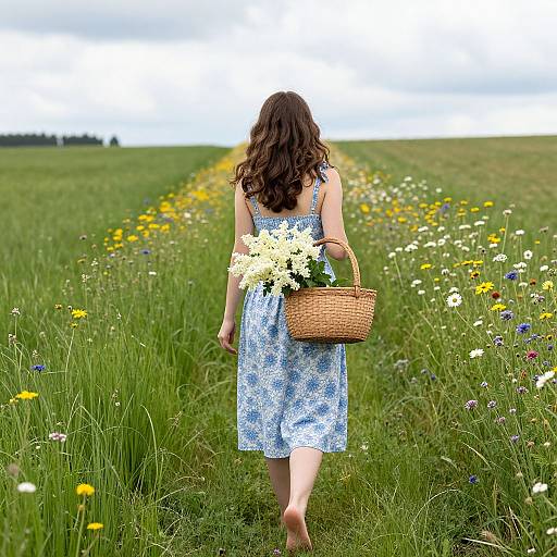 Photograph of a woman with curly brown hair, wearing a blue floral dress, walking barefoot through a vibrant, flower-filled meadow, carrying a