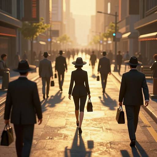 Sunset city street photograph of a woman in a hat and suit, carrying a bag, walking ahead of silhouetted men, backlit by