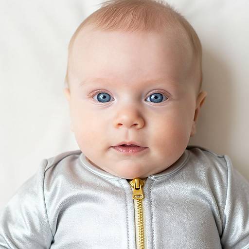 Baby in Silver Outfit with Gold Zipper