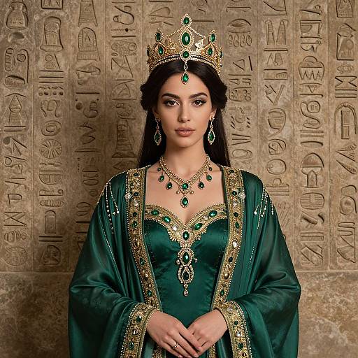 Photograph of a regal woman with dark hair, green and gold embroidered dress, crown, and jewelry, standing against an ancient Egyptian hieroglyph