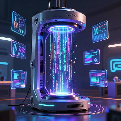 Photorealistic CGI of a futuristic, cylindrical, blue-lit machine with neon data screens floating around, set in a dark, high-tech lab.