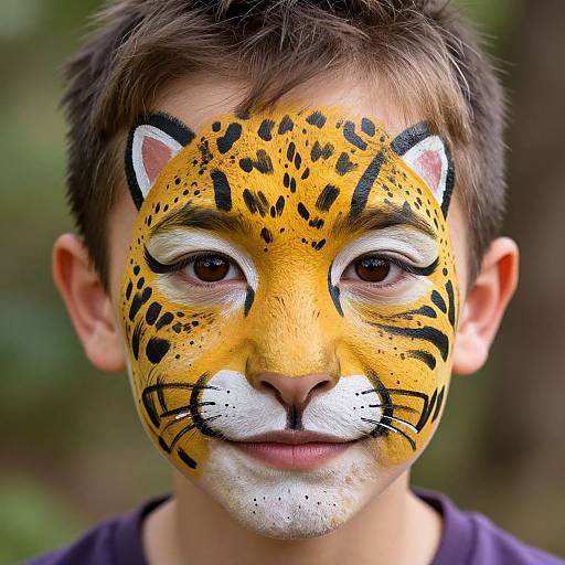 Photograph of a young boy with brown hair, face painted as a realistic leopard with yellow, black spots, and white markings. Blurred green forest