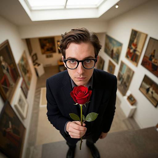 Photograph of a man with brown hair, black glasses, and a dark suit holding a red rose in an art gallery, surrounded by framed paintings.