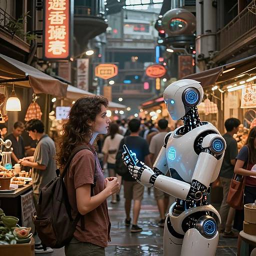 Futuristic Market with Human-AI Harmony