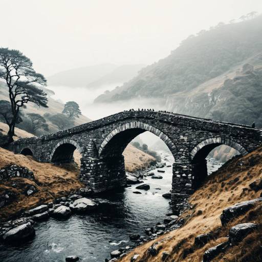 Ancient Stone Bridge over Misty River