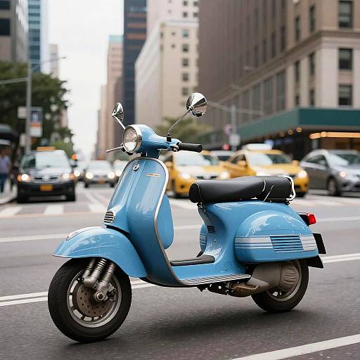 Photograph of a light blue vintage Vespa scooter cruising a busy urban street with yellow taxis and tall buildings in the background.
