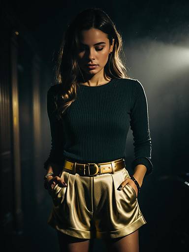 Stylish Woman in Dark Outfit with Gold Accents