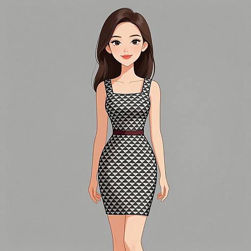 Smiling Woman in Geometric Mini Dress