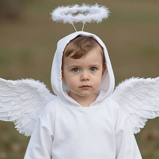 Photograph of a fair-skinned baby with blue eyes, wearing a white angel costume with fluffy wings and halo, standing outdoors.