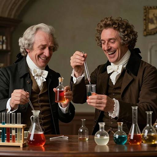 Two smiling older men in 18th-century attire, laughing while mixing colorful liquids in glass beakers on a wooden lab table. Photorealistic photograph