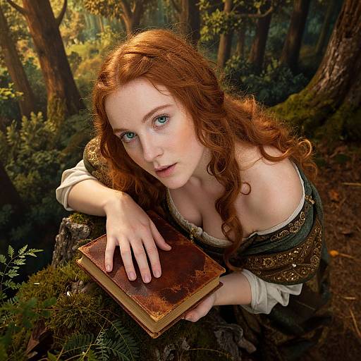 A fair-skinned, red-haired woman with green eyes and freckles, wearing a medieval-style off-shoulder dress, leans on a moss