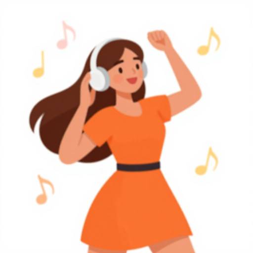 Cartoon-style drawing of a smiling woman with long brown hair, wearing an orange dress, white headphones, and a black belt, dancing with musical notes