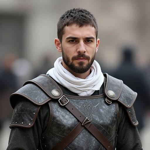 Photograph of a bearded, dark-haired man with intense gaze, wearing medieval armor, white scarf, and brown leather straps, in a blurred outdoor