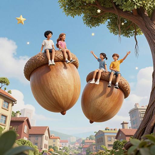 Photograph-style CGI: Four children joyfully sitting on giant acorns, floating in a vibrant, sunny suburban neighborhood with clear blue sky and starry