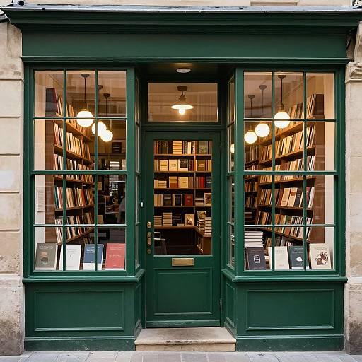 Photograph of a green-framed bookstore entrance with large windows showcasing illuminated shelves of books, three round hanging lights inside.