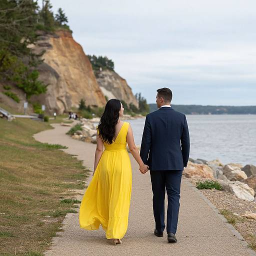 Photograph of a couple holding hands, walking a coastal path. The woman wears a flowing yellow dress, the man a black suit. Rocky cliffs and