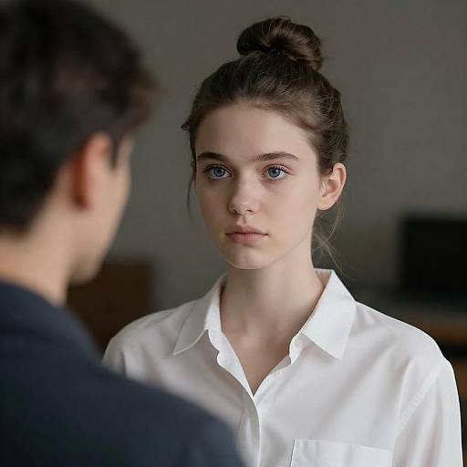 Young Woman with Intense Blue Eyes and White Shirt