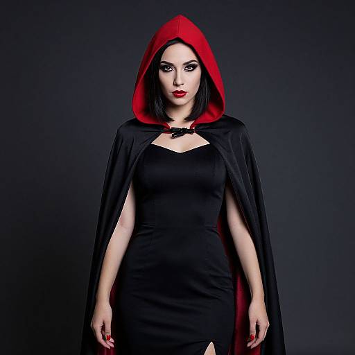 Photograph of a pale-skinned woman with black hair, red hood, and black dress, standing against a dark background. She wears a black cape