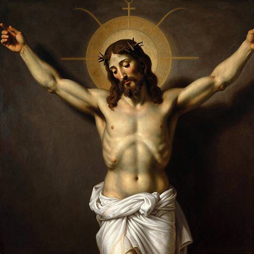 Photograph of a classical painting depicting a muscular, bearded Jesus Christ with a crown of thorns, arms outstretched, wearing a white lo