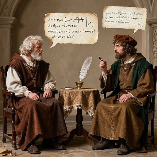 Photograph of two medieval men in brown and green robes, seated at a table with a feather quill, discussing in speech bubbles. Arched background