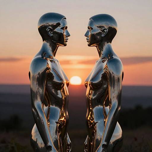 Luminous Metallic Figures at Sunset