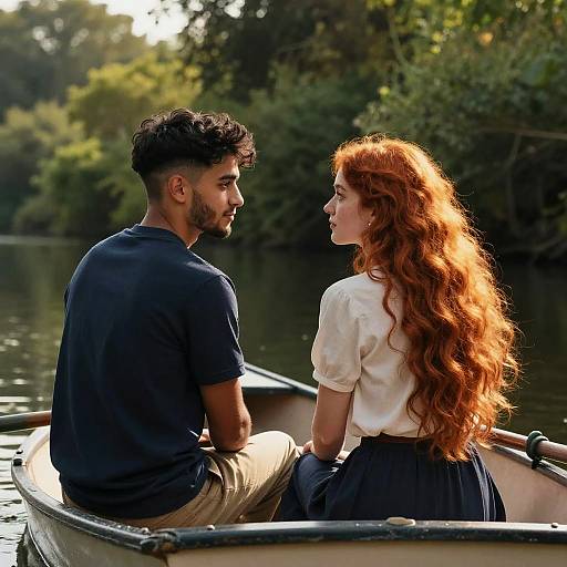 Young Couple Sitting in Rowboat on Serene River