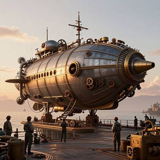 Photograph of a large, steampunk-inspired, metallic airship with gears, on a ship deck at sunset, with sailors and equipment around.