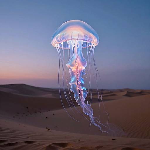 Photograph of a glowing, translucent jellyfish with flowing tentacles floating above a desert landscape at dusk, under a gradient blue to pink sky.
