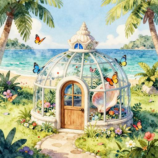 Colorful digital painting of a glass greenhouse with a wooden door, surrounded by vibrant flowers, palm trees, and butterflies, overlooking a serene blue ocean.