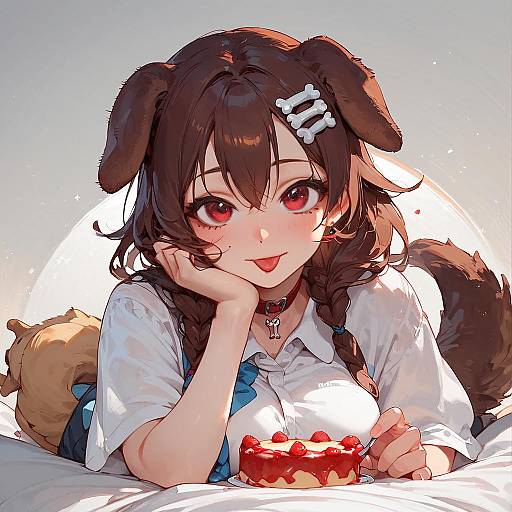 Cute Dog-Girl Smiling at Cake Slice
