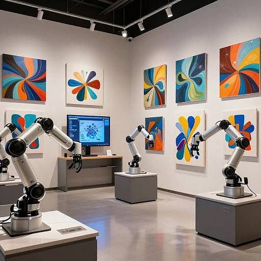 Modern art gallery with two white telescope microscopes, colorful abstract paintings, and a computer displaying artwork on a stand.