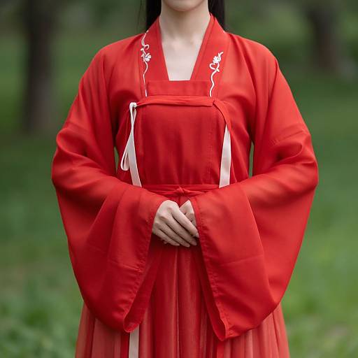 Photograph of an Asian woman with long black hair, wearing a vibrant red traditional kimono with white floral embroidery, standing in a green, blurred forest