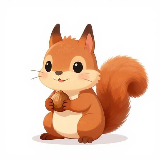 Cute digital drawing of a chubby, red-orange cartoon squirrel with big black eyes, holding a nut, standing against a white background.