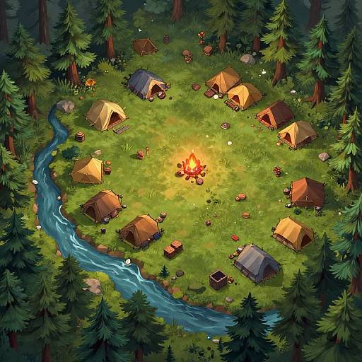 Aerial view of a vibrant campsite with orange and brown tents, a central campfire, and a winding blue river in a dense forest. Digital