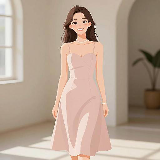 Digital illustration of a smiling woman with long brown hair, wearing a pale pink, sleeveless, A-line dress, standing in a sunlit, minimalist