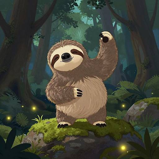 Digital drawing of a cute, fuzzy three-toed sloth with a raised arm, standing on a mossy rock in a dark, magical forest with