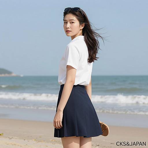 Asian Woman on Beach Looking Over Shoulder