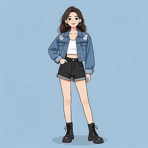 Digital anime-style drawing of a young woman with long brown hair, wearing a blue denim jacket, white crop top, black shorts, and black boots,