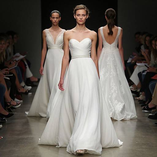 Photograph of a white strapless wedding dress runway model flanked by two brides in white dresses, dimly lit audience.