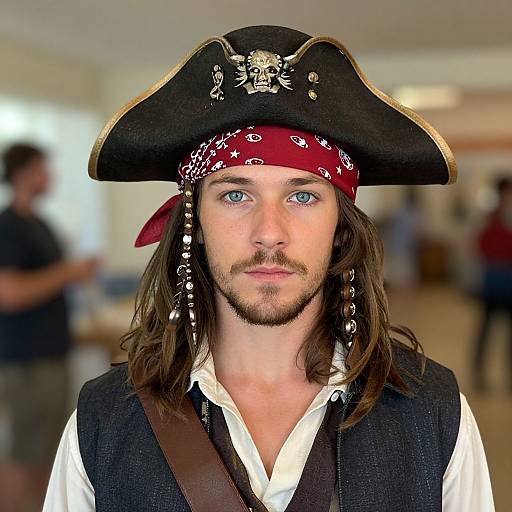 Photograph of a young man with blue eyes, long brown hair, and beard, wearing a pirate hat, red bandana, black vest, and