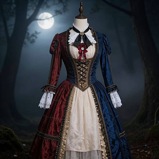 Photograph of a Victorian-style dress mannequin in dual-colored blue and red velvet with lace trim, white apron, and black ribbon, set