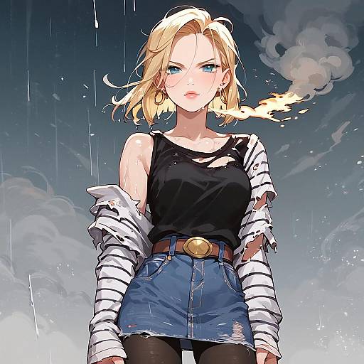 Digital anime-style drawing of a blonde woman with blue eyes, wearing a torn black top, striped sleeves, denim skirt, and black stockings, with smoke