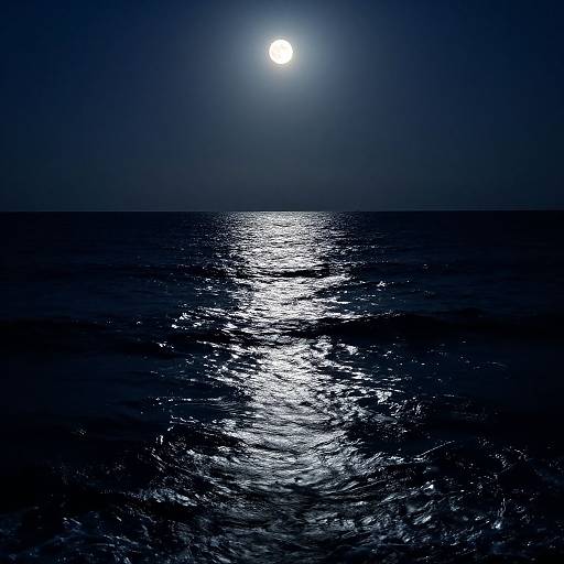 Photograph of a dark, moonlit ocean with a bright, full moon reflecting a silver path on the rippling water.